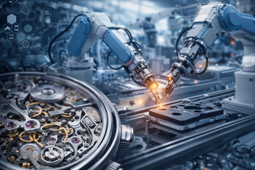 Image d'accueil montrant des robots (bras articulés) et une montre.